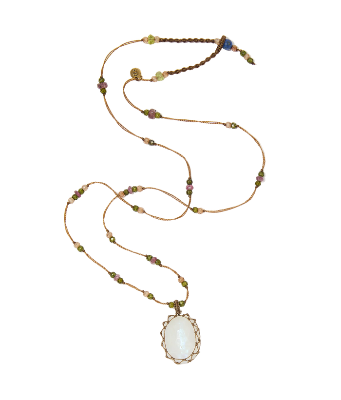 Collier court tibétain - Moonstone Rainbow - Mix Tourmaline Rose - Fil Tabac