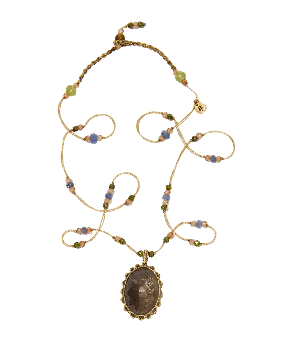 Collier court tibétain - Moonstone Fire - Mix Saphir - Fil Beige