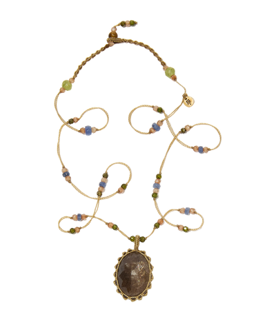 Collier court tibétain - Moonstone Fire - Mix Saphir - Fil Beige