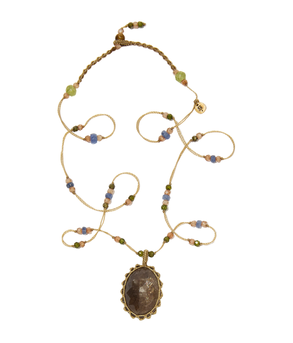 Collier court tibétain - Moonstone Fire - Mix Saphir - Fil Beige