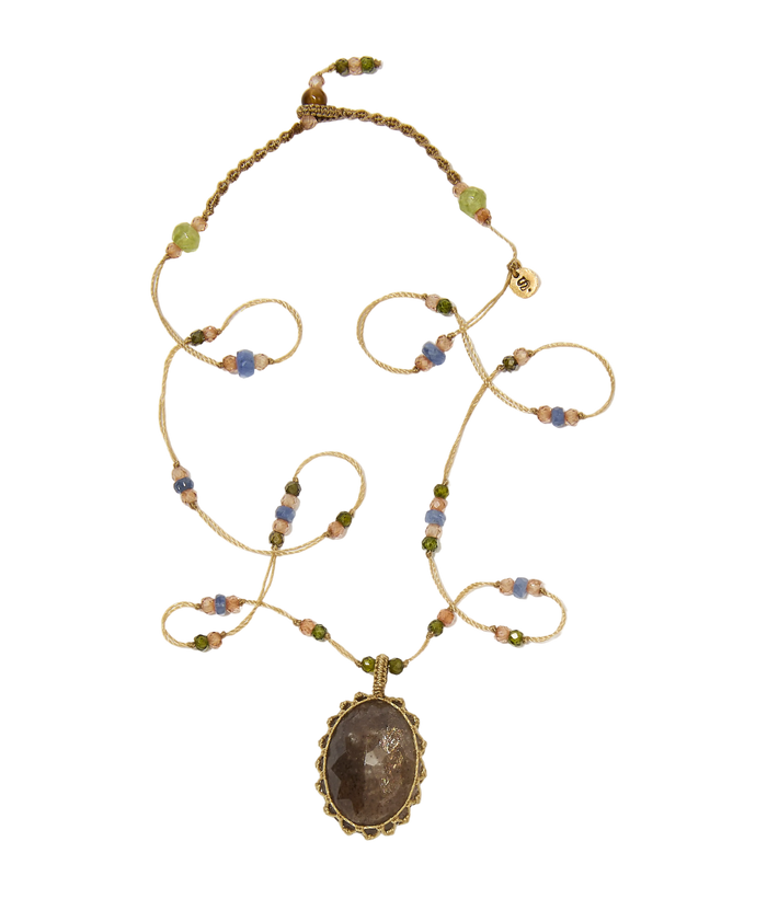Collier court tibétain - Moonstone Fire - Mix Saphir - Fil Beige