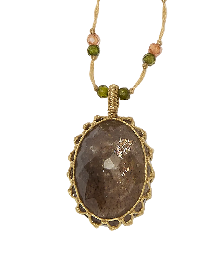 Collier court tibétain - Moonstone Fire - Mix Saphir - Fil Beige