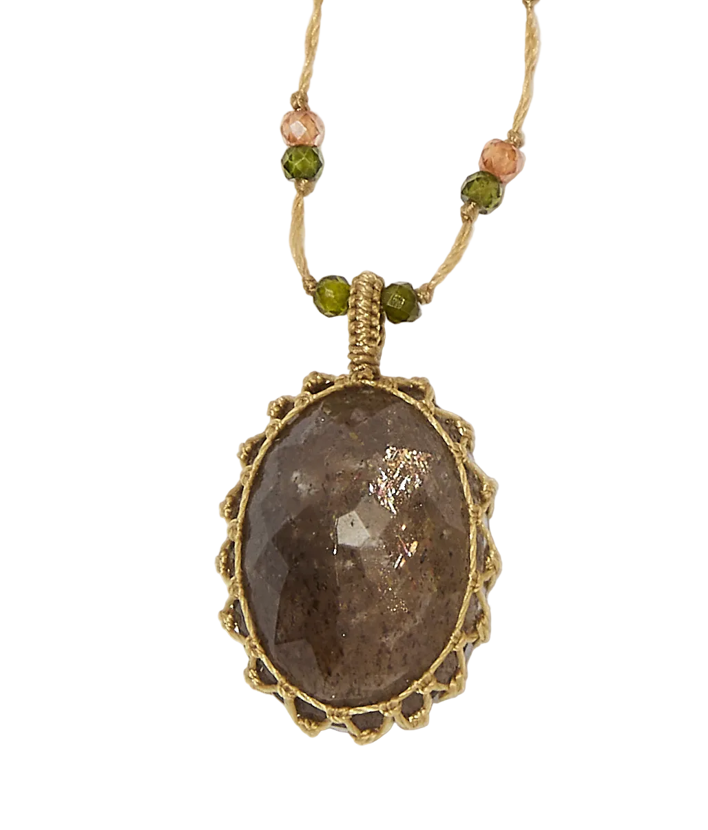Collier court tibétain - Moonstone Fire - Mix Saphir - Fil Beige