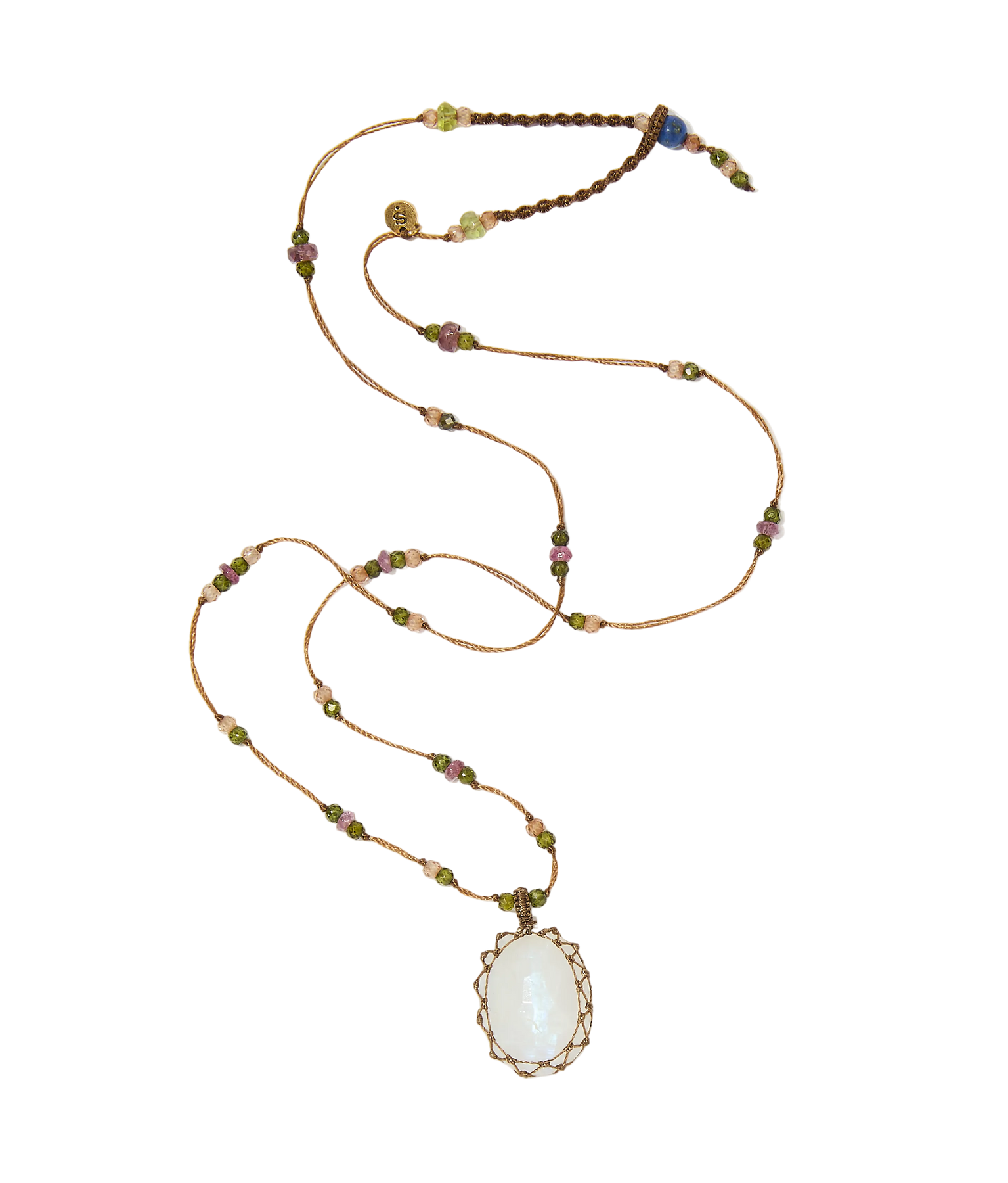 Collier court tibétain - Moonstone Rainbow - Mix Tourmaline Rose - Fil Tabac