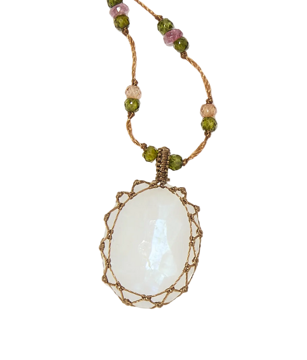 Collier court tibétain - Moonstone Rainbow - Mix Tourmaline Rose - Fil Tabac