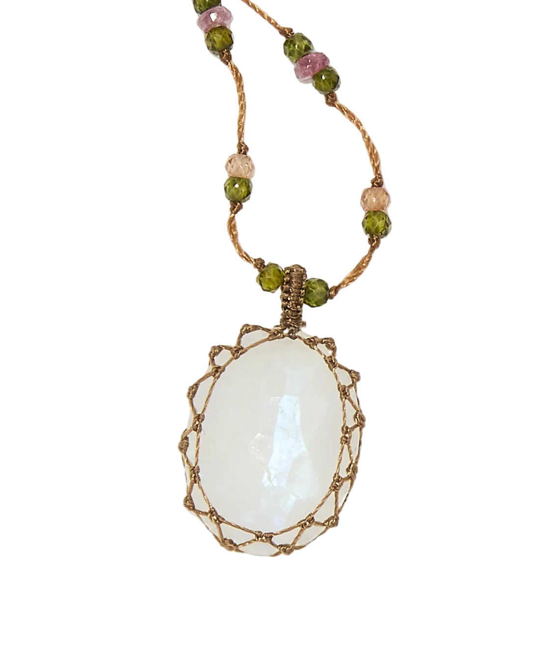 Collier court tibétain - Moonstone Rainbow - Mix Tourmaline Rose - Fil Tabac