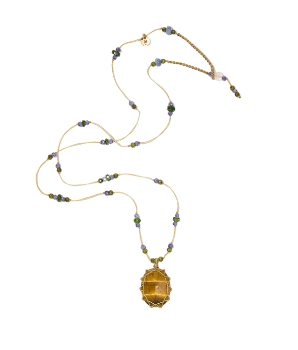 Collier court tibétain - Oeil de Tigre - Mix Tsavorite & Zircons violets - Fil Beige