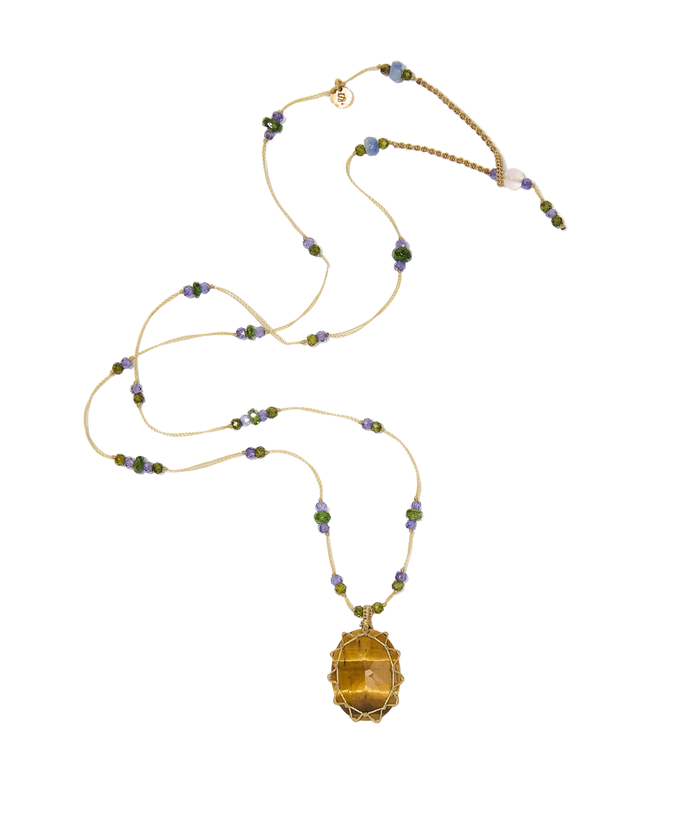 Collier court tibétain - Oeil de Tigre - Mix Tsavorite & Zircons violets - Fil Beige