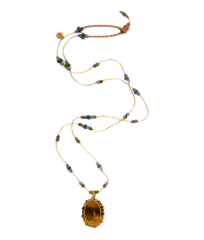 Collier court tibétain - Oeil de Tigre - Mix Tsavorite Purple - Fil Beige