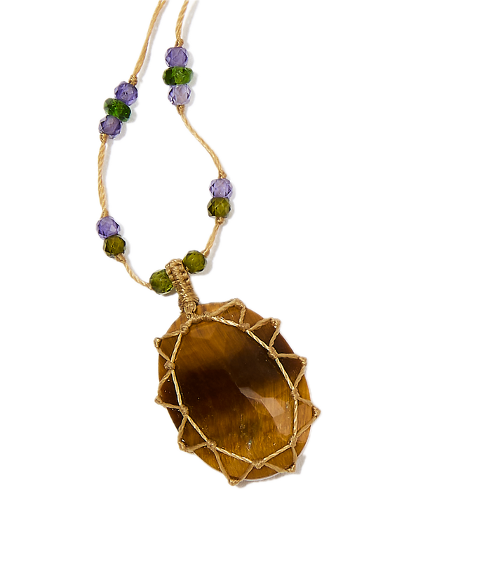 Collier court tibétain - Oeil de Tigre - Mix Tsavorite Purple - Fil Beige