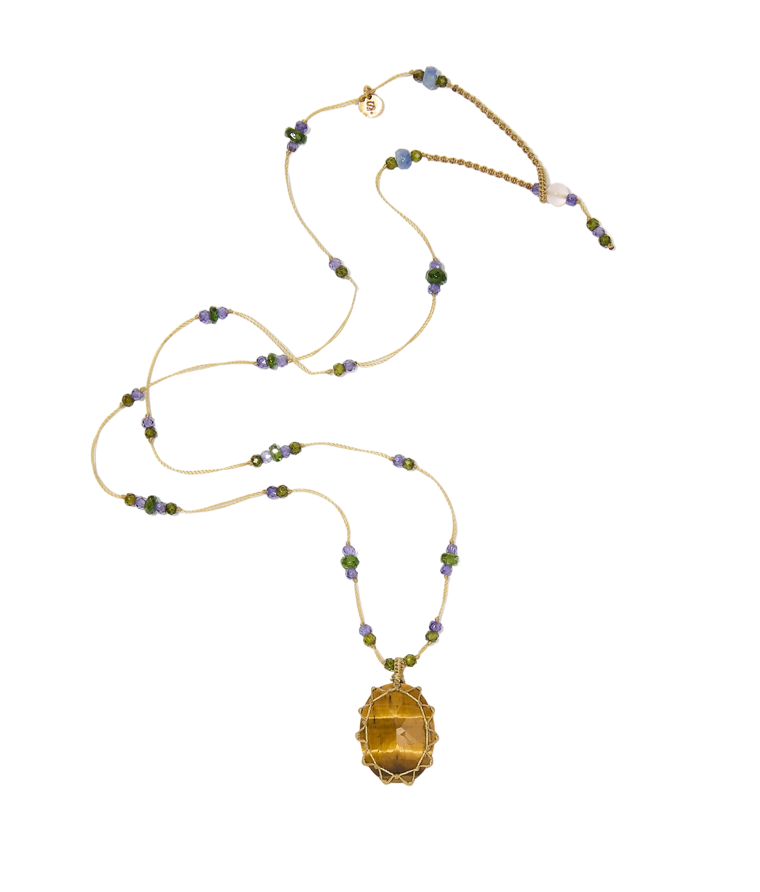 Collier court tibétain - Oeil de Tigre - Mix Tsavorite & Zircons violets - Fil Beige