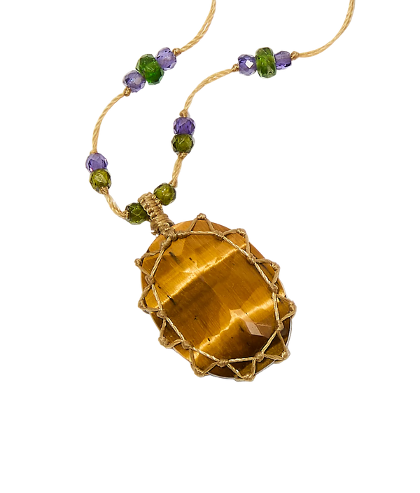 Collier court tibétain - Oeil de Tigre - Mix Tsavorite & Zircons violets - Fil Beige