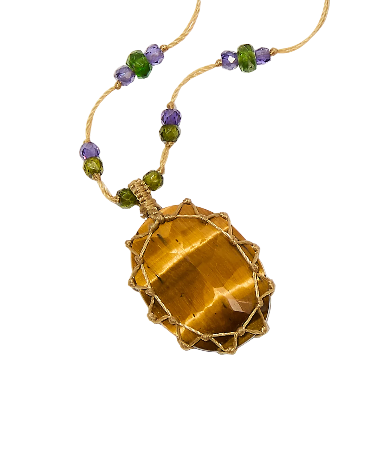 Collier court tibétain - Oeil de Tigre - Mix Tsavorite & Zircons violets - Fil Beige