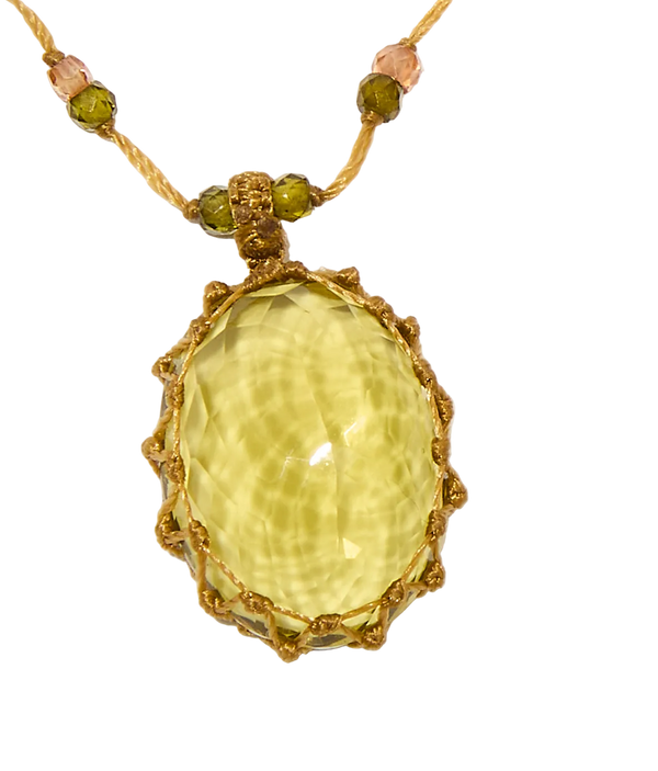 Collier court tibétain - Olive Quartz - Mix Tourmaline Rose - Fil Beige