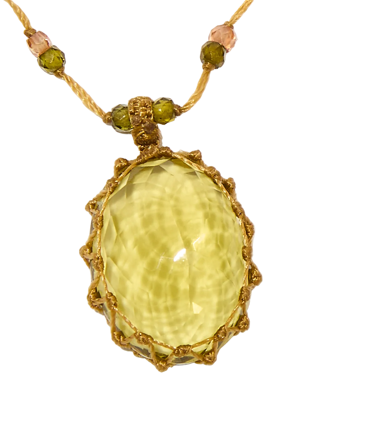 Collier court tibétain - Olive Quartz - Mix Tourmaline Rose - Fil Beige