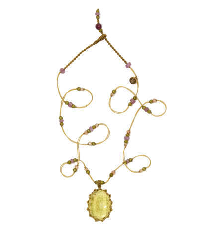 Collier court tibétain - Olive Quartz - Mix Tourmaline Rose - Fil Beige