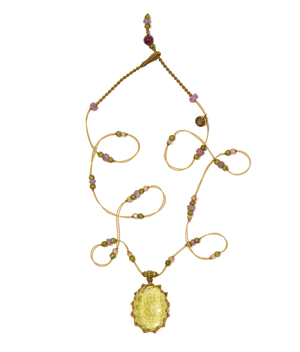 Collier court tibétain - Olive Quartz - Mix Tourmaline Rose - Fil Beige