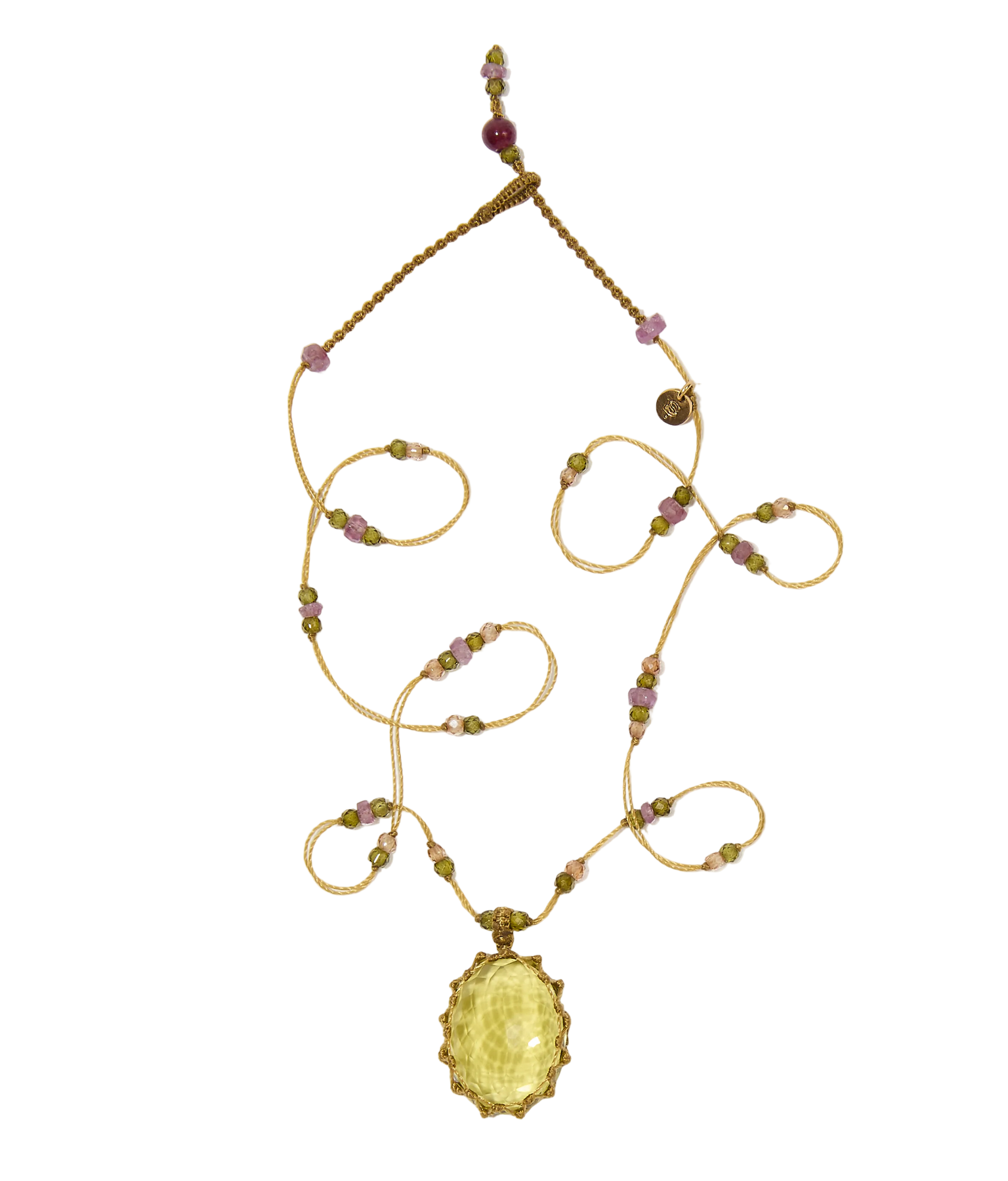 Collier court tibétain - Olive Quartz - Mix Tourmaline Rose - Fil Beige