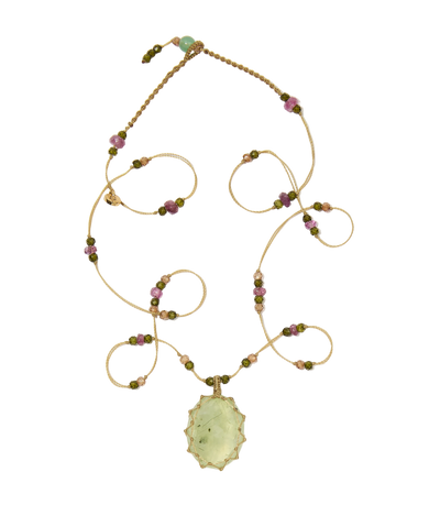 Collier Court Tibétain - Prehnite rutile - Mix Tourmaline - Fil Beige