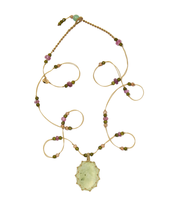 Collier Court Tibétain - Prehnite rutile - Mix Tourmaline - Fil Beige