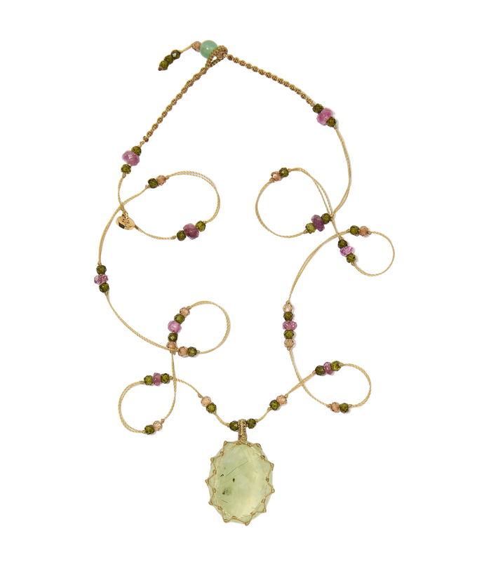 Collier Court Tibétain - Prehnite rutile - Mix Tourmaline - Fil Beige