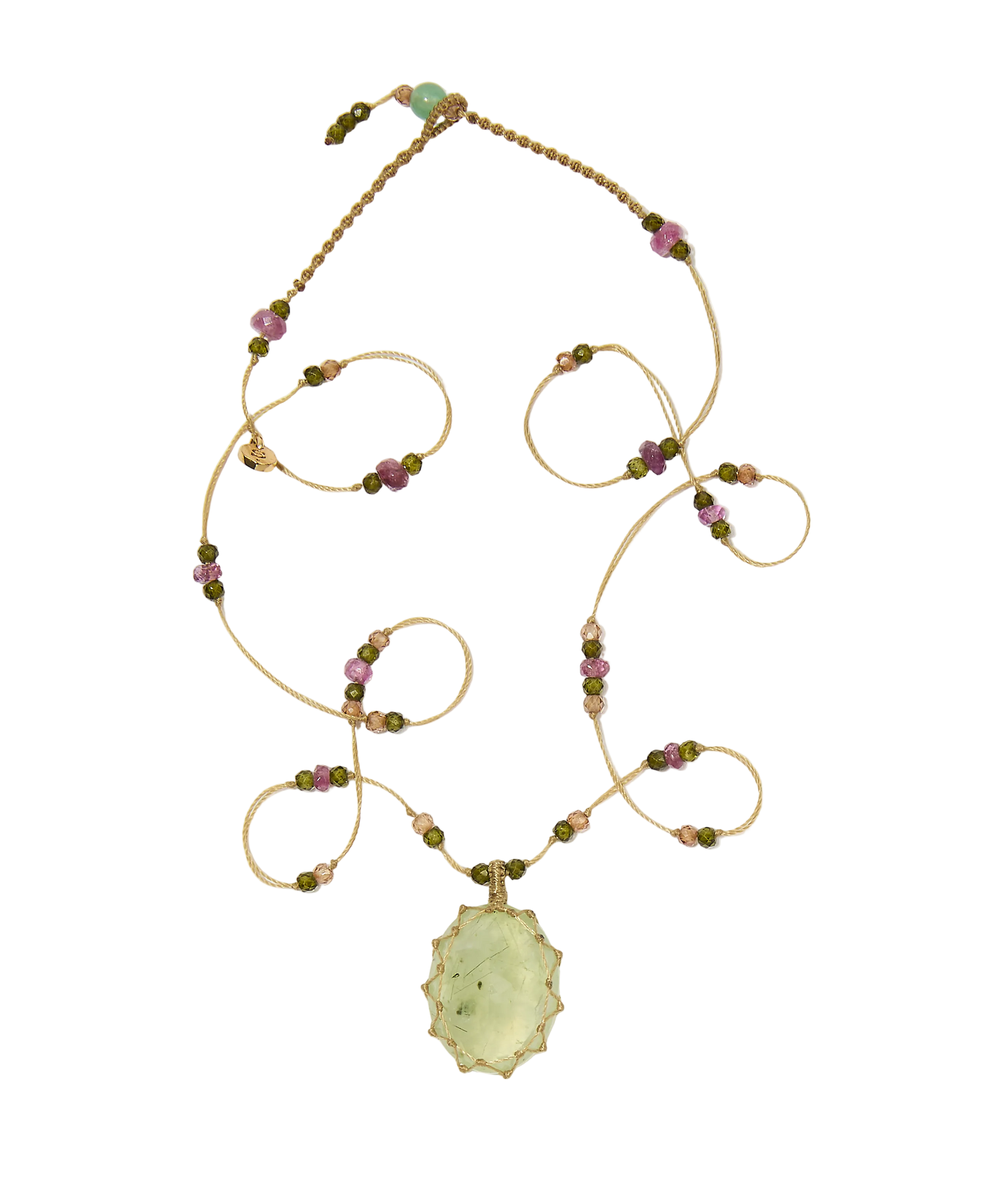 Collier Court Tibétain - Prehnite rutile - Mix Tourmaline - Fil Beige