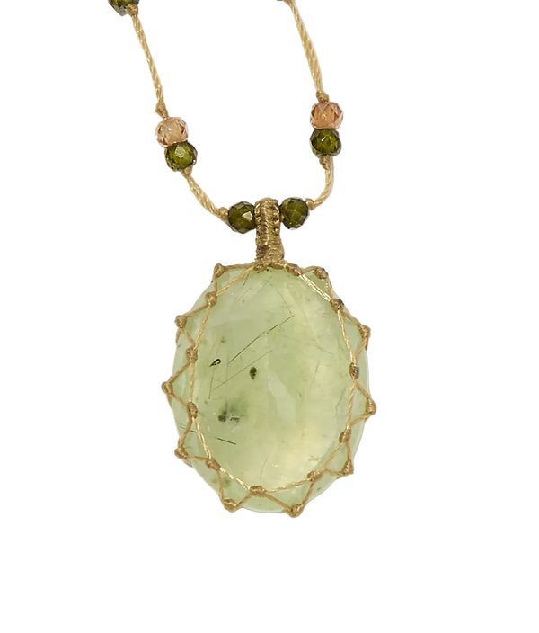 Collier Court Tibétain - Prehnite rutile - Mix Tourmaline - Fil Beige