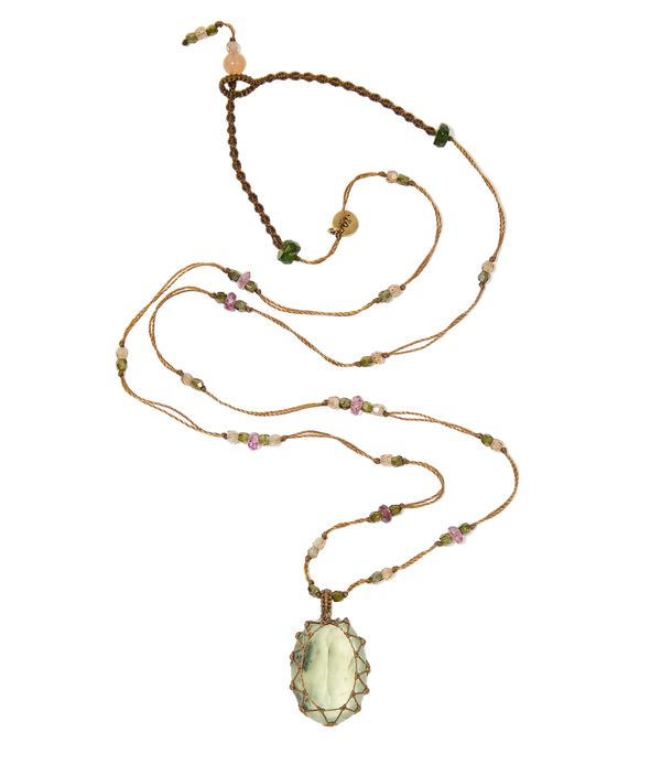 Short Tibetan Necklace - Prehnite - Mixed Tourmaline - Beige Thread