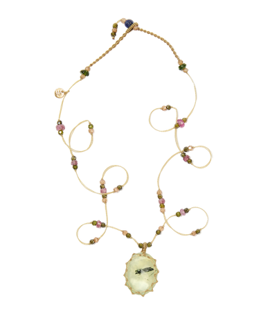 Collier Court Tibétain - Prehnite rutile - Mix Tourmaline - Fil Beige