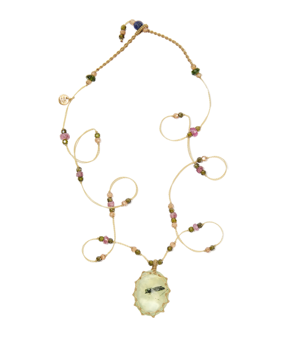 Collier Court Tibétain - Prehnite rutile - Mix Tourmaline - Fil Beige