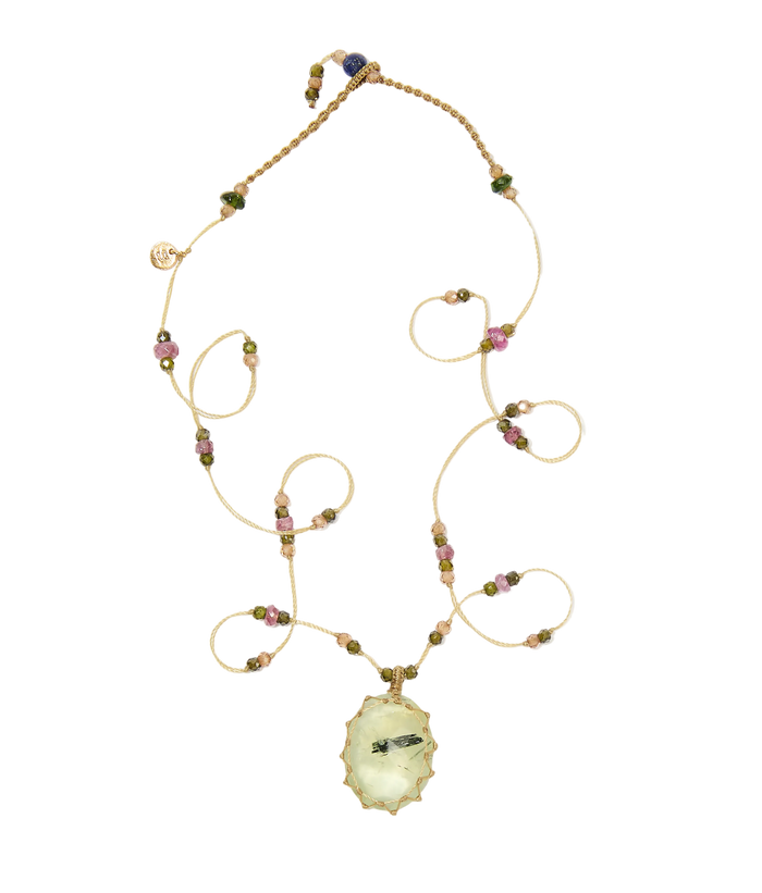 Collier Court Tibétain - Prehnite rutile - Mix Tourmaline - Fil Beige