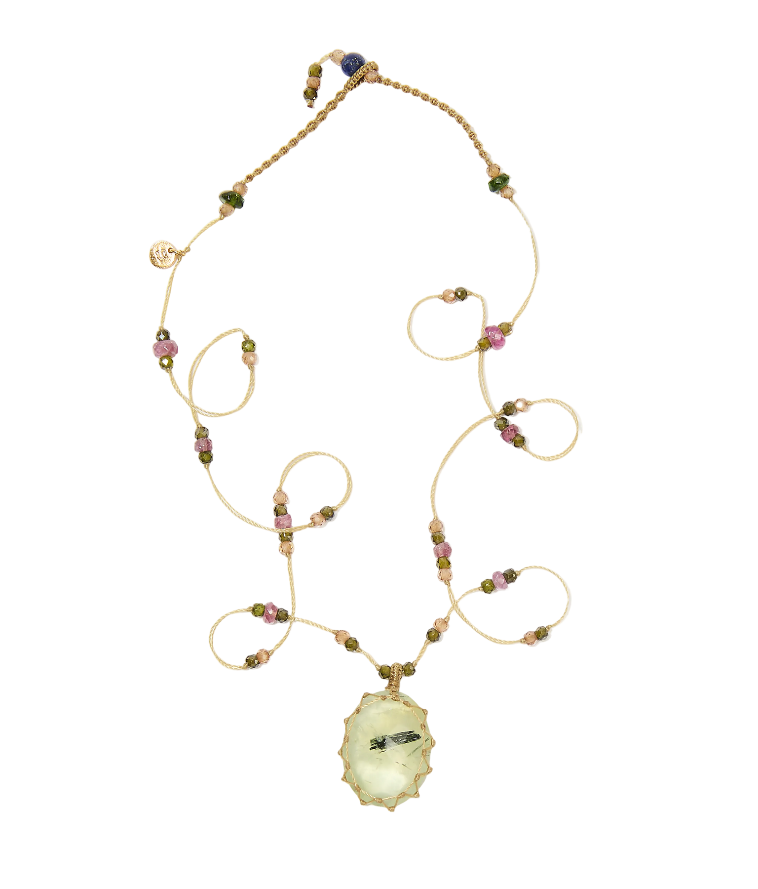 Collier Court Tibétain - Prehnite rutile - Mix Tourmaline - Fil Beige