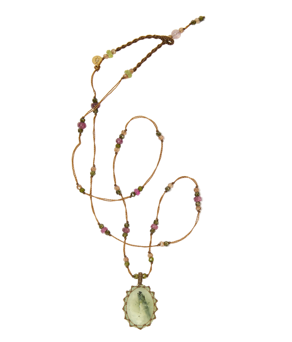 Collier court tibétain - Prehnite Rutile - Mix Tourmaline Rose - Fil Tabac