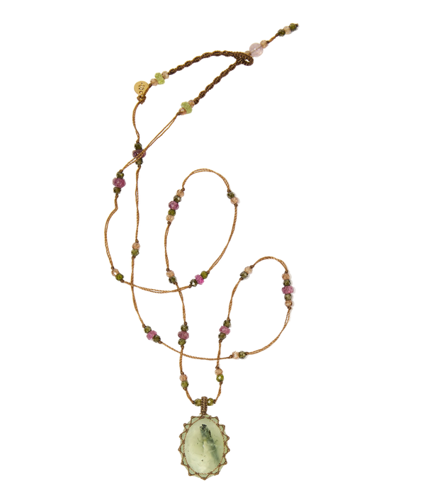Collier court tibétain - Prehnite Rutile - Mix Tourmaline Rose - Fil Tabac