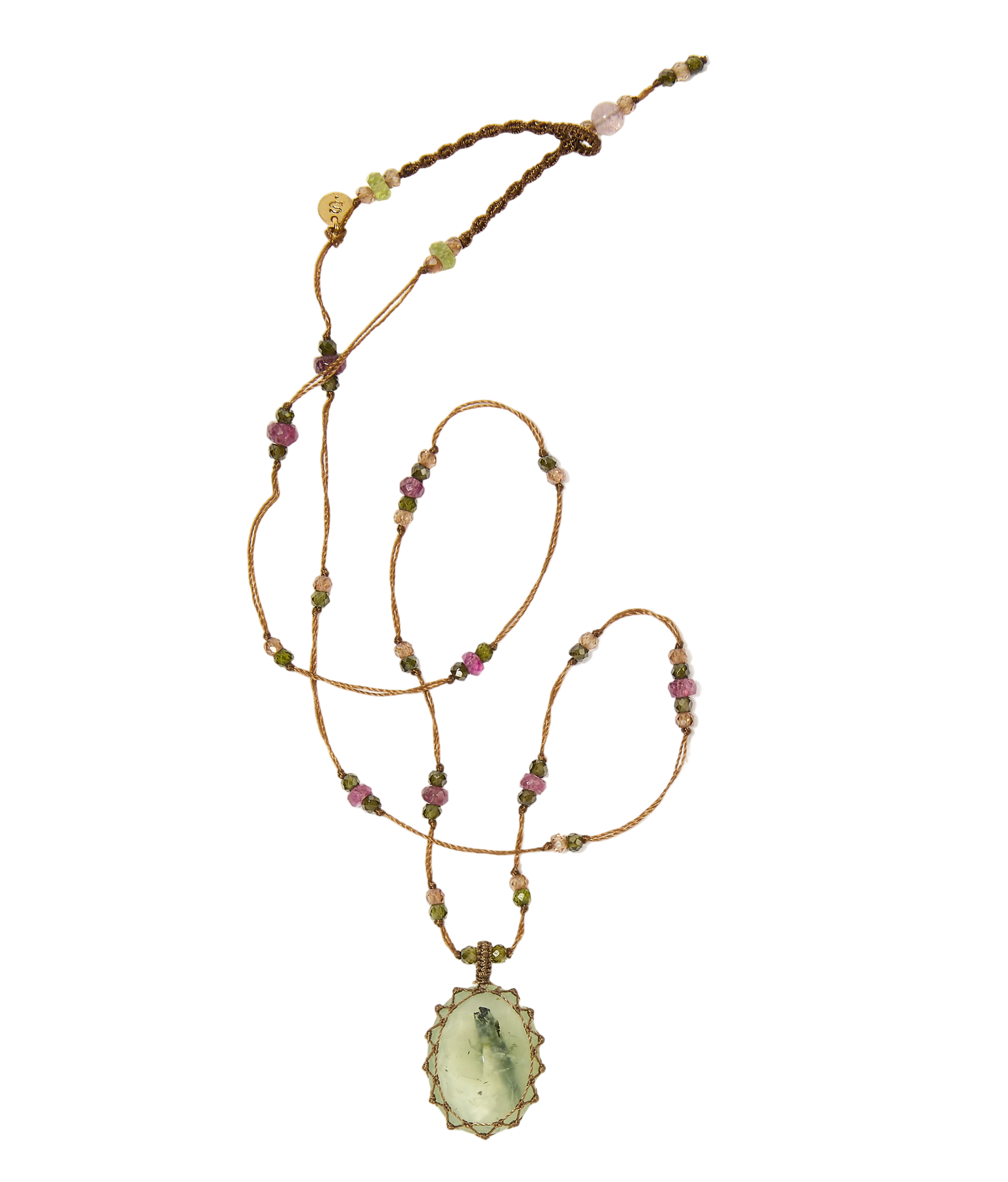 Long Tibetan Necklace - Prehnite Rutile - Mix Pink Tourmaline - Beige Thread