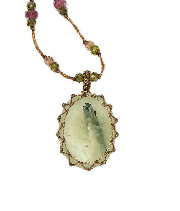 Collier court tibétain - Prehnite Rutile - Mix Tourmaline Rose - Fil Tabac