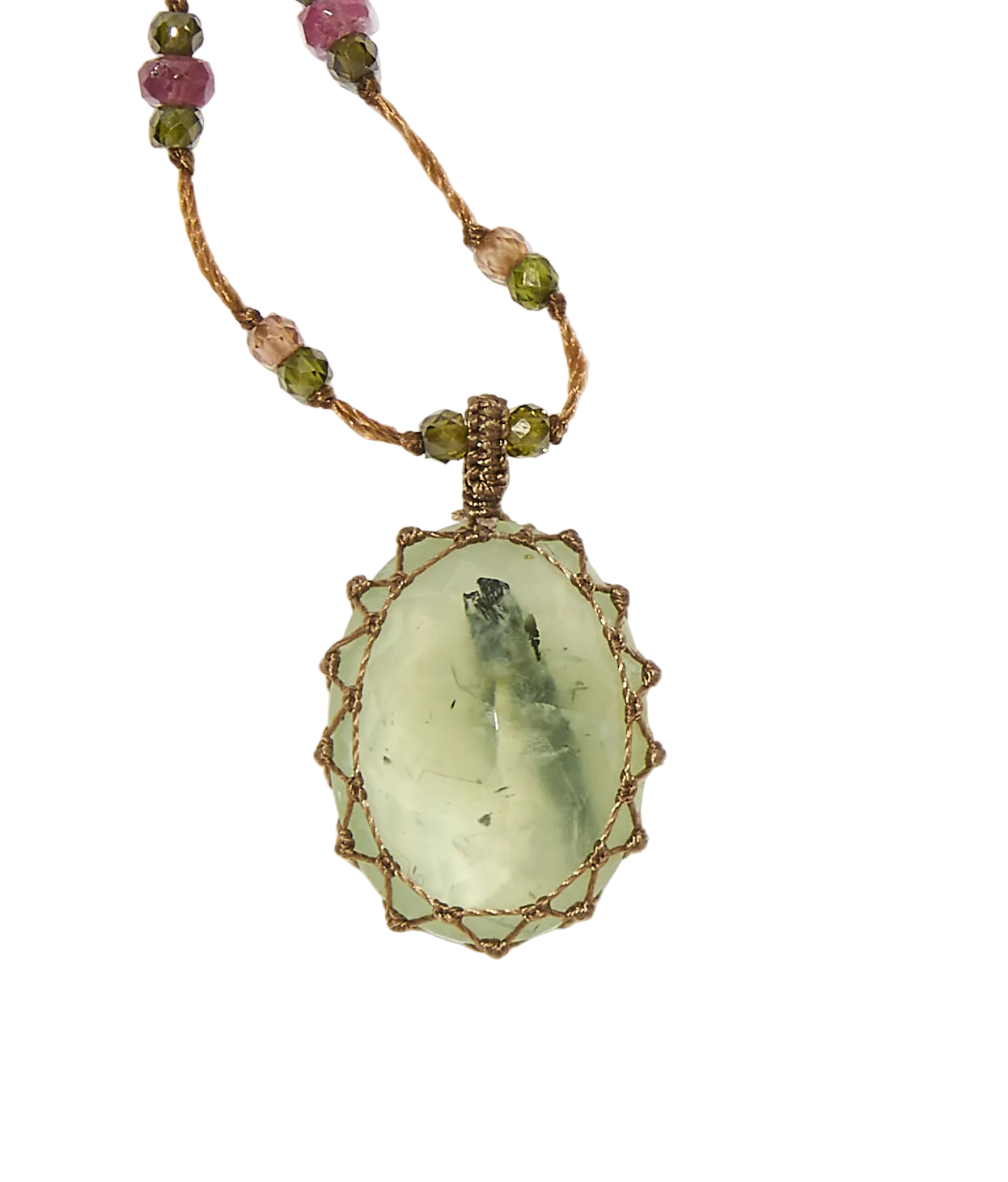 Long Tibetan Necklace - Prehnite Rutile - Mix Pink Tourmaline - Beige Thread