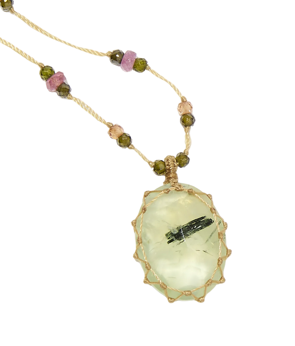 Collier Court Tibétain - Prehnite rutile - Mix Tourmaline - Fil Beige