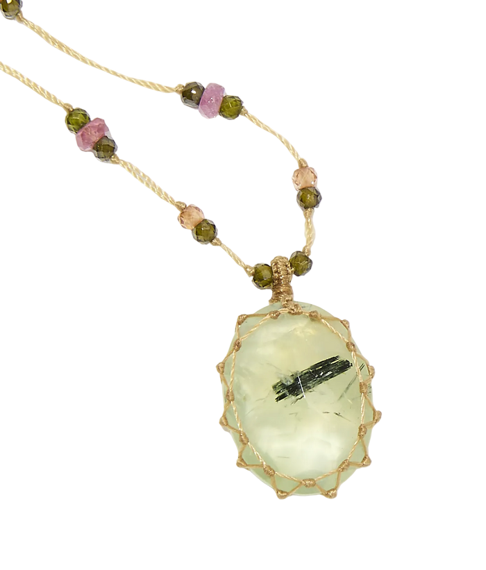 Collier Court Tibétain - Prehnite rutile - Mix Tourmaline - Fil Beige