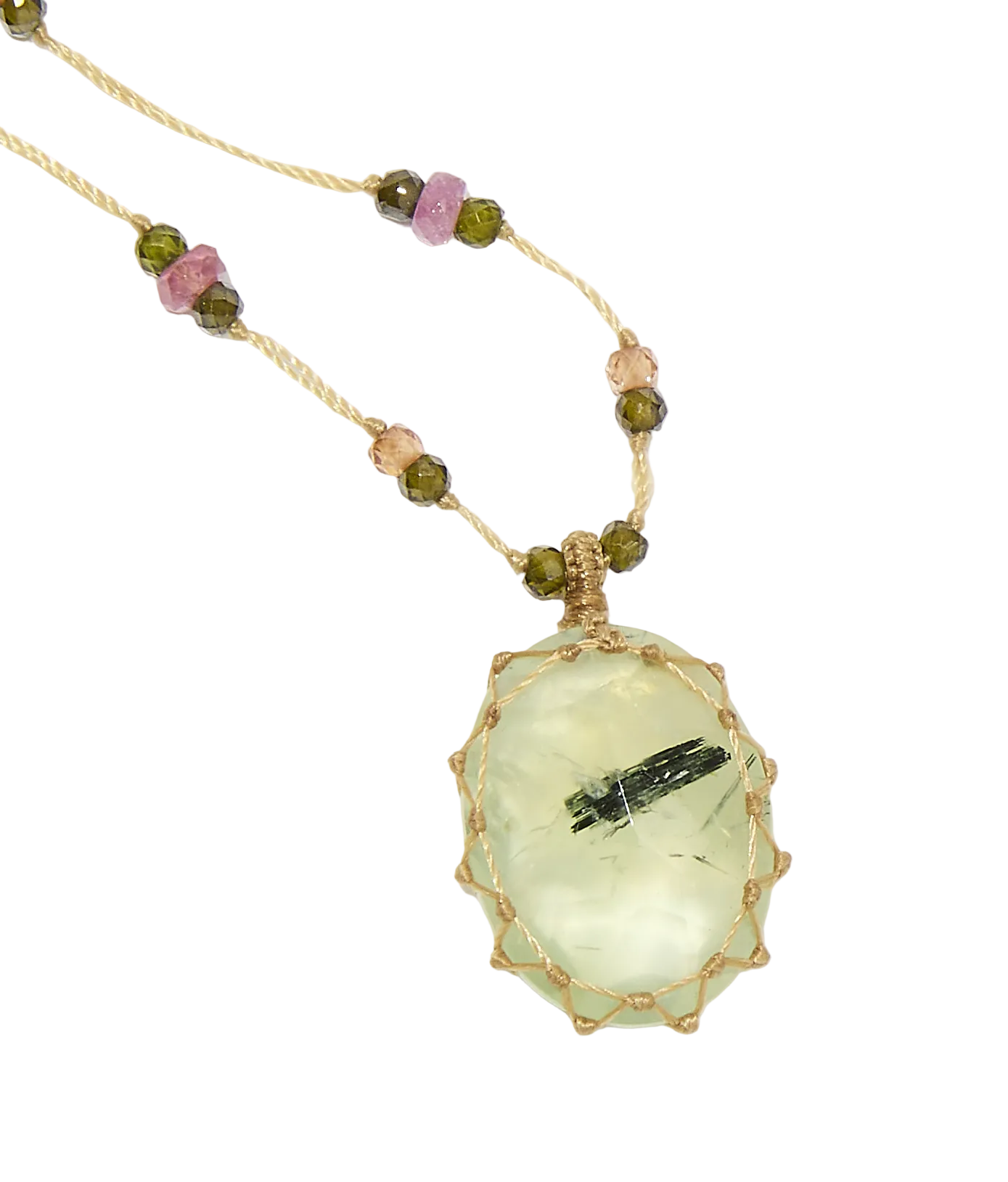 Collier Court Tibétain - Prehnite rutile - Mix Tourmaline - Fil Beige