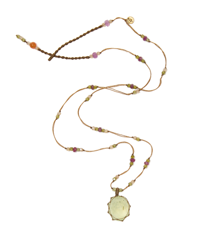 Collier court tibétain - Prehnite Rutile - Mix Rubis - Fil Tabac
