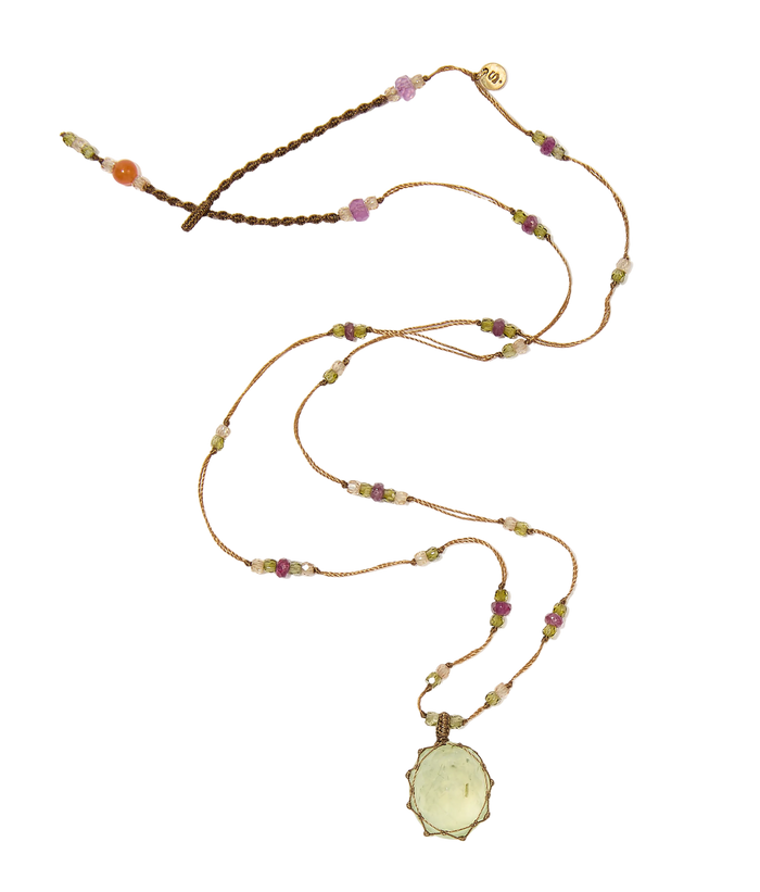 Collier court tibétain - Prehnite Rutile - Mix Rubis - Fil Tabac