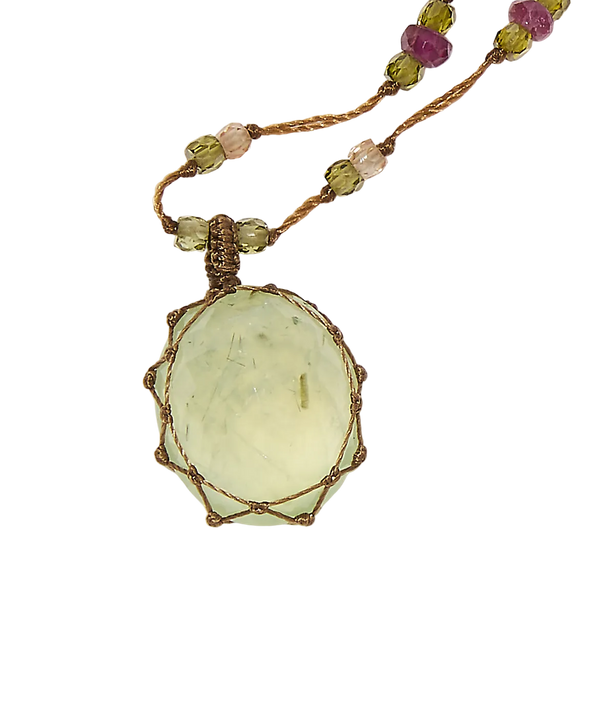 Collier court tibétain - Prehnite Rutile - Mix Rubis - Fil Tabac