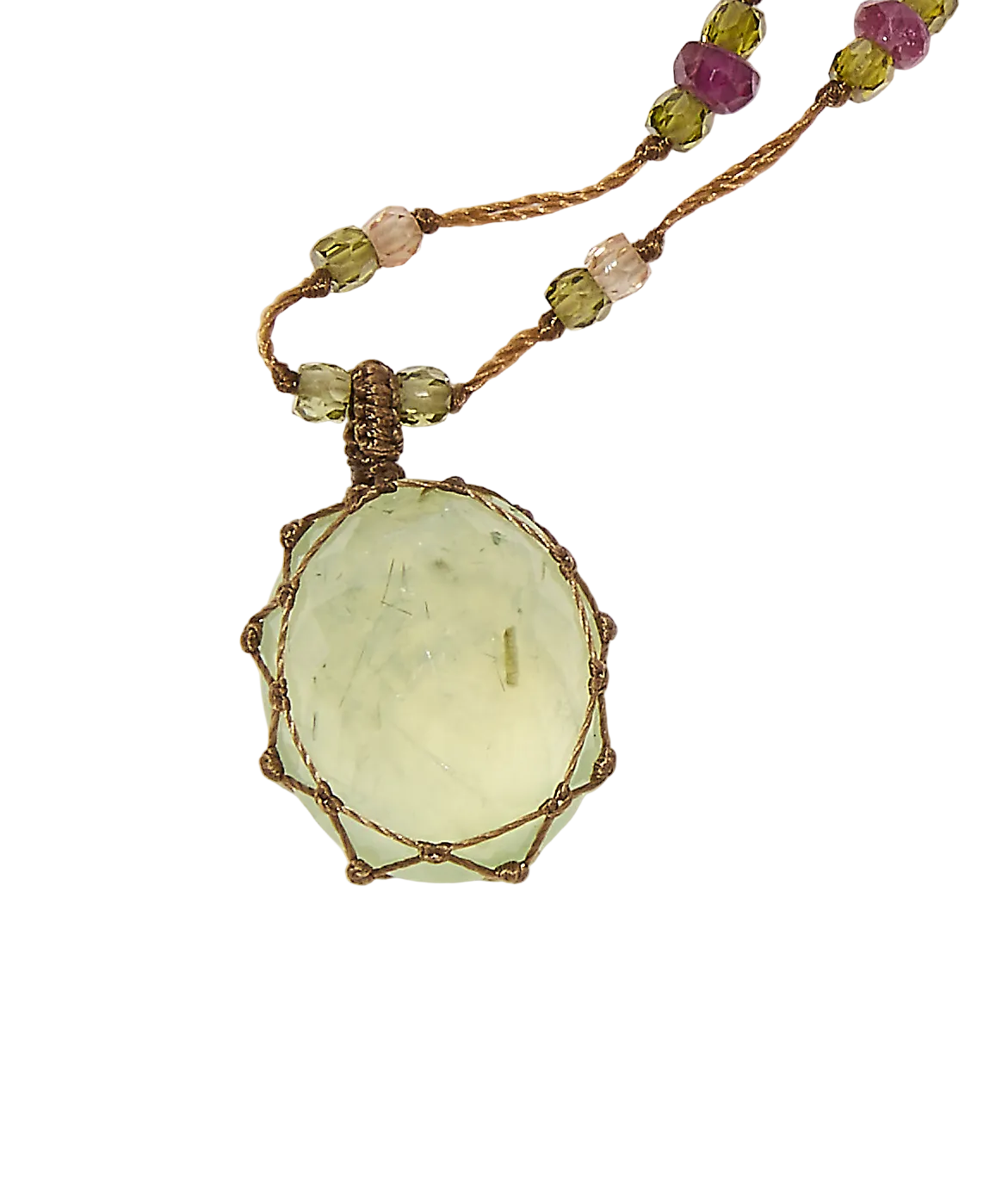 Collier court tibétain - Prehnite Rutile - Mix Rubis - Fil Tabac