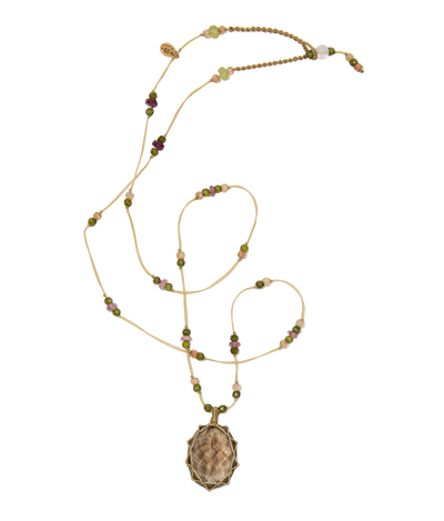 Collier Court Tibétain - Quartz fumé - Mix Tourmaline - Fil Beige