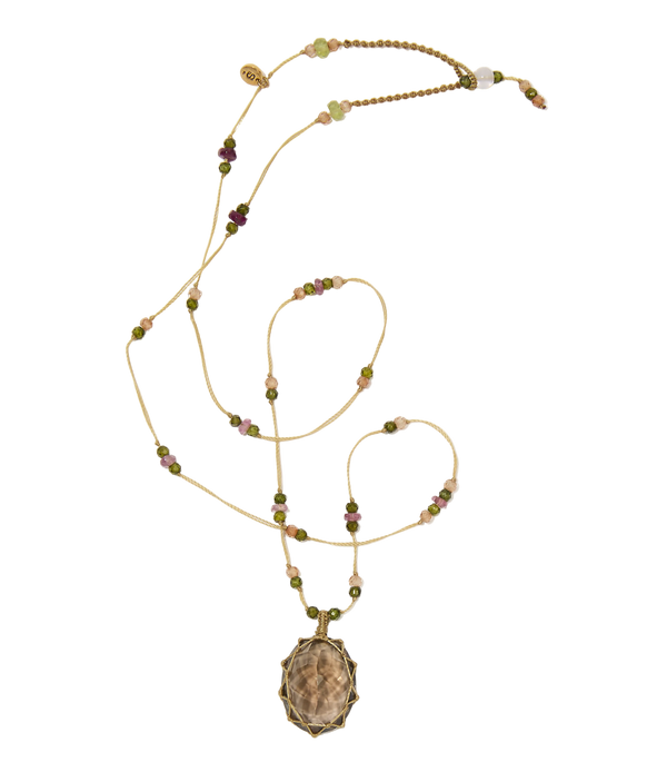 Collier Court Tibétain - Quartz fumé - Mix Tourmaline - Fil Beige