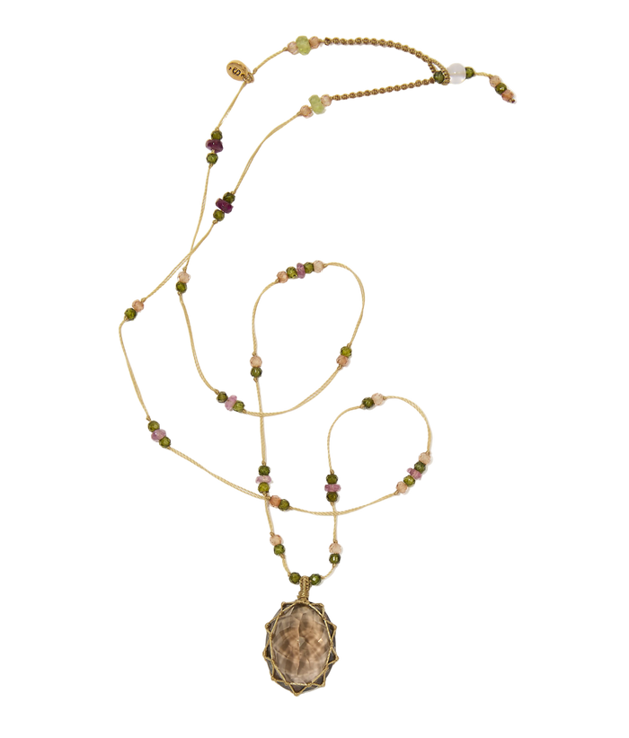 Collier Court Tibétain - Quartz fumé - Mix Tourmaline - Fil Beige