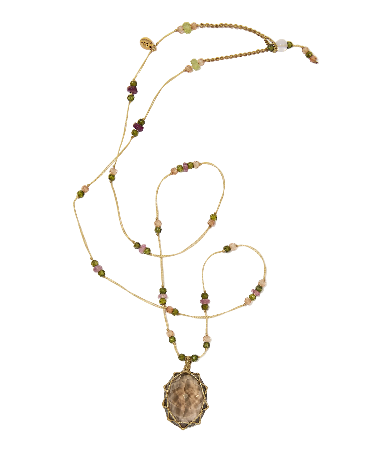 Collier Court Tibétain - Quartz fumé - Mix Tourmaline - Fil Beige