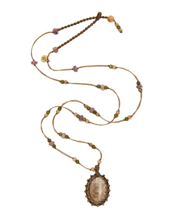 Collier court tibétain - Quartz Fumé - Mix Tourmaline Rose - Fil Tabac