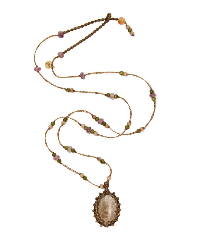 Collier court tibétain - Quartz Fumé - Mix Tourmaline Rose - Fil Tabac